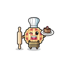 apple pie as pastry chef mascot hold rolling pin