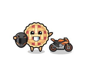 cute apple pie cartoon as a motorcycle racer