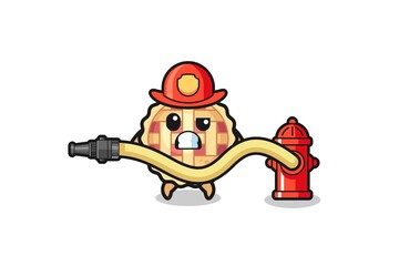 apple pie cartoon as firefighter mascot with water hose