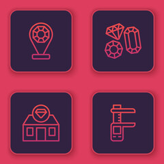 Set line Jewelry store, , Gem stone and Calliper caliper and scale. Blue square button. Vector