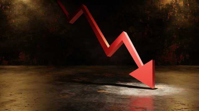 red arrow down, market crash, 3D illustration rendering