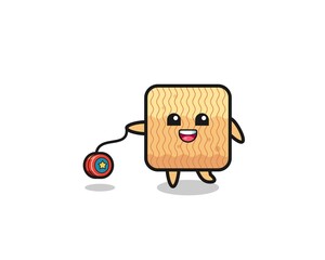 cartoon of cute raw instant noodle playing a yoyo