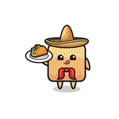 raw instant noodle Mexican chef mascot holding a taco