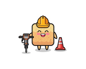 road worker mascot of raw instant noodle holding drill machine