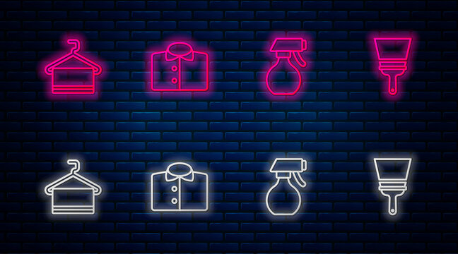 Set line T-shirt, Water spray bottle, Towel on hanger and Rubber cleaner for windows. Glowing neon icon on brick wall. Vector