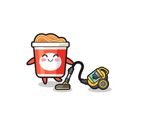 cute instant noodle holding vacuum cleaner illustration