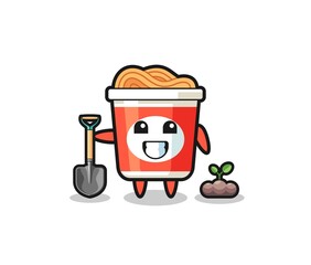 cute instant noodle cartoon is planting a tree seed