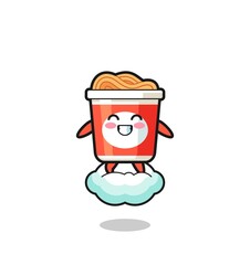 cute instant noodle illustration riding a floating cloud
