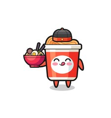 instant noodle as Chinese chef mascot holding a noodle bowl