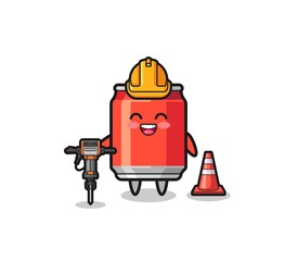 road worker mascot of drink can holding drill machine