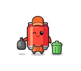 the mascot of cute drink can as garbage collector