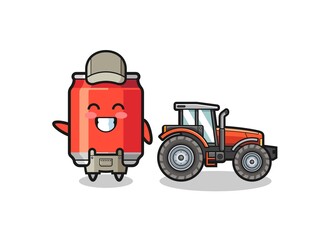 Naklejka premium the drink can farmer mascot standing beside a tractor