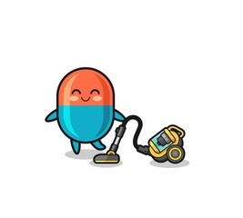 cute capsule holding vacuum cleaner illustration