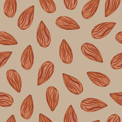 Vector almond nuts seamless pattern isolated on beige background.
