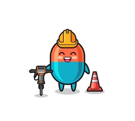road worker mascot of capsule holding drill machine