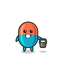 capsule mascot lifting kettlebell in the gym