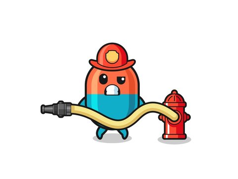 capsule cartoon as firefighter mascot with water hose