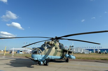 Fototapeta na wymiar The Mi-35 M multi-purpose attack helicopter at the MAKS-2021 International Aviation and Space Salon in Zhukovsky, Russia