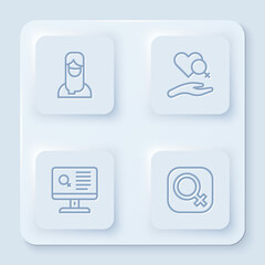 Fototapeta premium Set line Muslim woman in hijab, Heart with female gender, Dating app and Female. White square button. Vector