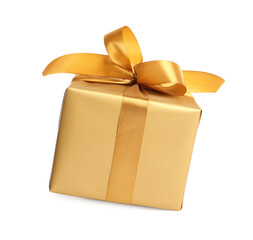 Gift box with golden ribbon and bow on white background