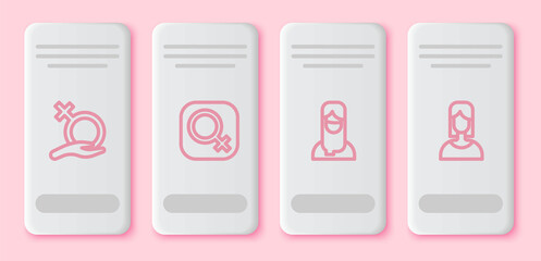 Set line Female gender, Muslim woman in hijab and . White rectangle button. Vector