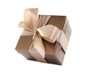 Beautiful gift box with ribbon and bow on white background