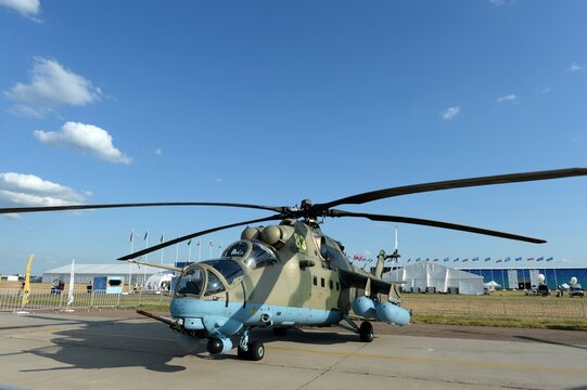 The Mi-35 M multi-purpose attack helicopter at the MAKS-2021 International Aviation and Space Salon in Zhukovsky, Russia