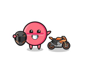 cute medicine tablet cartoon as a motorcycle racer