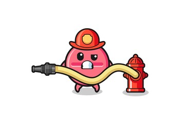 medicine tablet cartoon as firefighter mascot with water hose