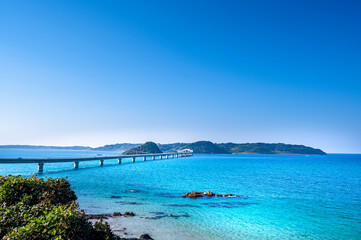 Tsunoshima Ohashi Bridge over the emerald green sea
