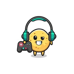 potato chip gamer mascot holding a game controller