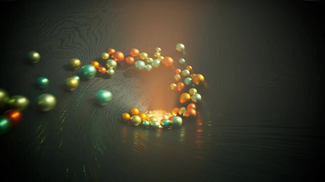 Multicolor shiny pastel balls roll on a dark wooden surface. Stuck. Blockage.
