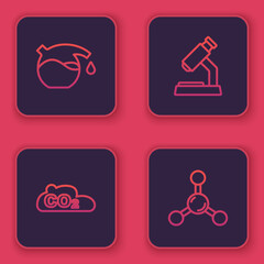 Set line Test tube, CO2 emissions in cloud, Microscope and Molecule. Blue square button. Vector
