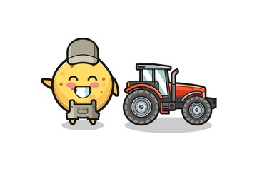 the potato chip farmer mascot standing beside a tractor