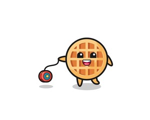 cartoon of cute circle waffle playing a yoyo
