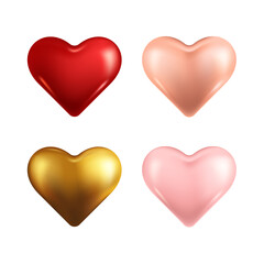 Collection of shiny 3d hearts with shadow isolated on white background