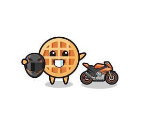 cute circle waffle cartoon as a motorcycle racer
