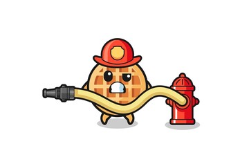 circle waffle cartoon as firefighter mascot with water hose