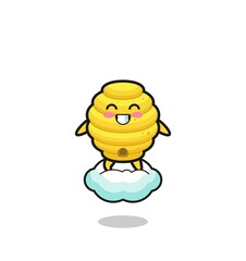 cute bee hive illustration riding a floating cloud