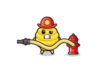 bee hive cartoon as firefighter mascot with water hose