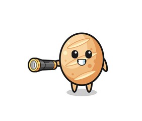 french bread mascot holding flashlight
