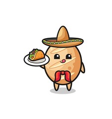 french bread Mexican chef mascot holding a taco