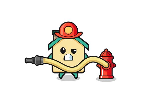 house cartoon as firefighter mascot with water hose