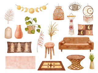 Watercolor hand drawn scandinavian cozy home interior with potted plants. Boho decor elements for living room isolated on white background © Elena