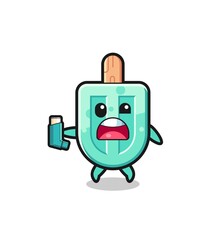 popsicles mascot having asthma while holding the inhaler