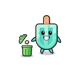 illustration of the popsicles throwing garbage in the trash can