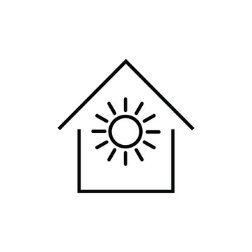 Building as establishment or facility. Outline monochrome sign in flat style. Suitable for stores, advertisements, articles, books etc. Line icon of sun with beams inside of a house