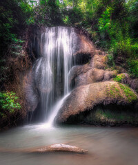 Obraz premium Plan Thong waterfall, located in Phu Pha Man National Park in Khon Kaen in Thailand. It is a small waterfall with a height of about 10 meters.