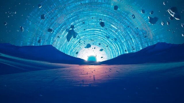 A massive black hole seen from planet surface absorbs rocks and nearest stars.