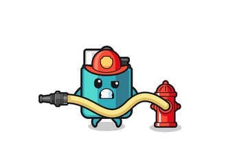 lighter cartoon as firefighter mascot with water hose